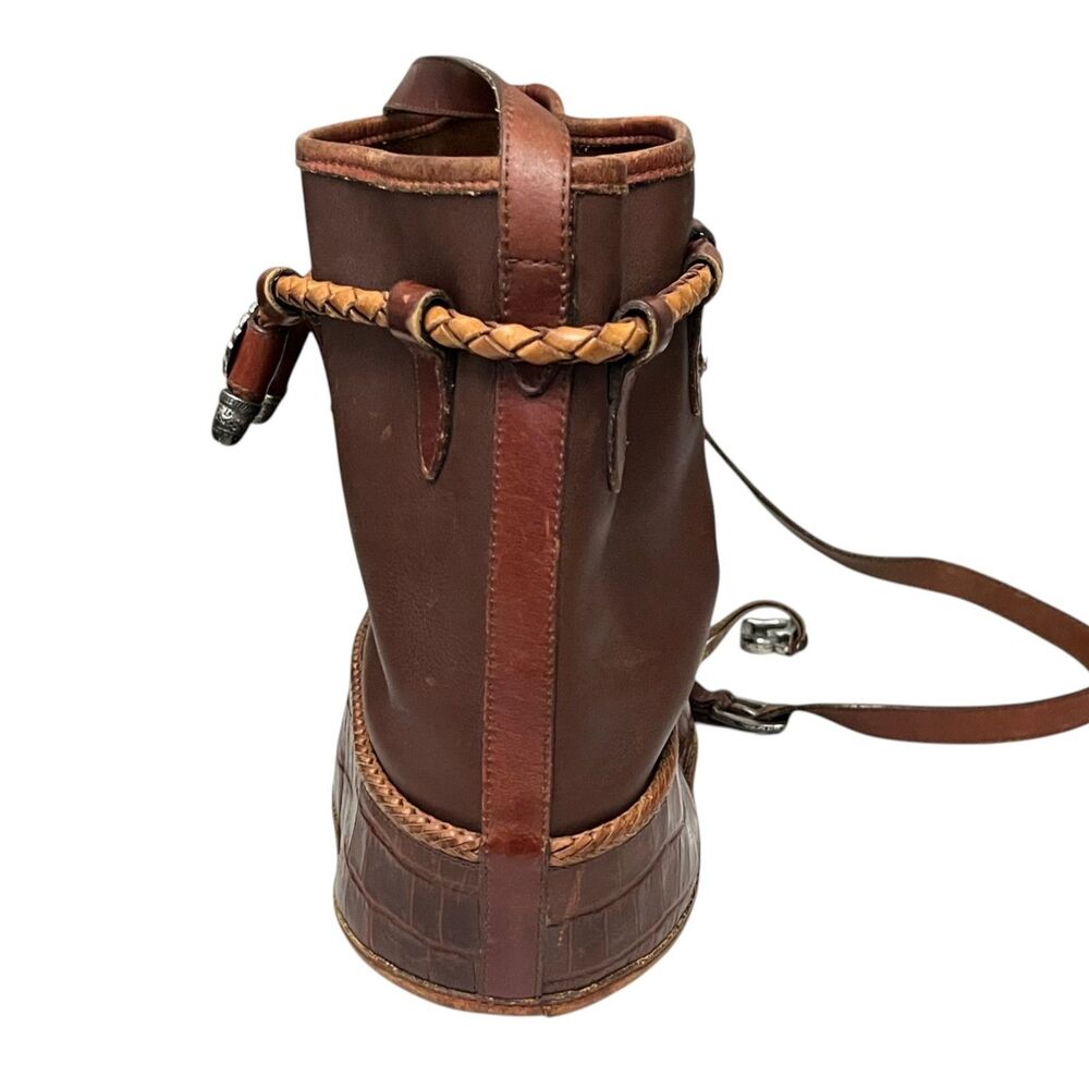 Brighton Vintage Brown Leather Bucket Bag Drawstring Crossbody Croc Trim Concho - Picture 6 of 11